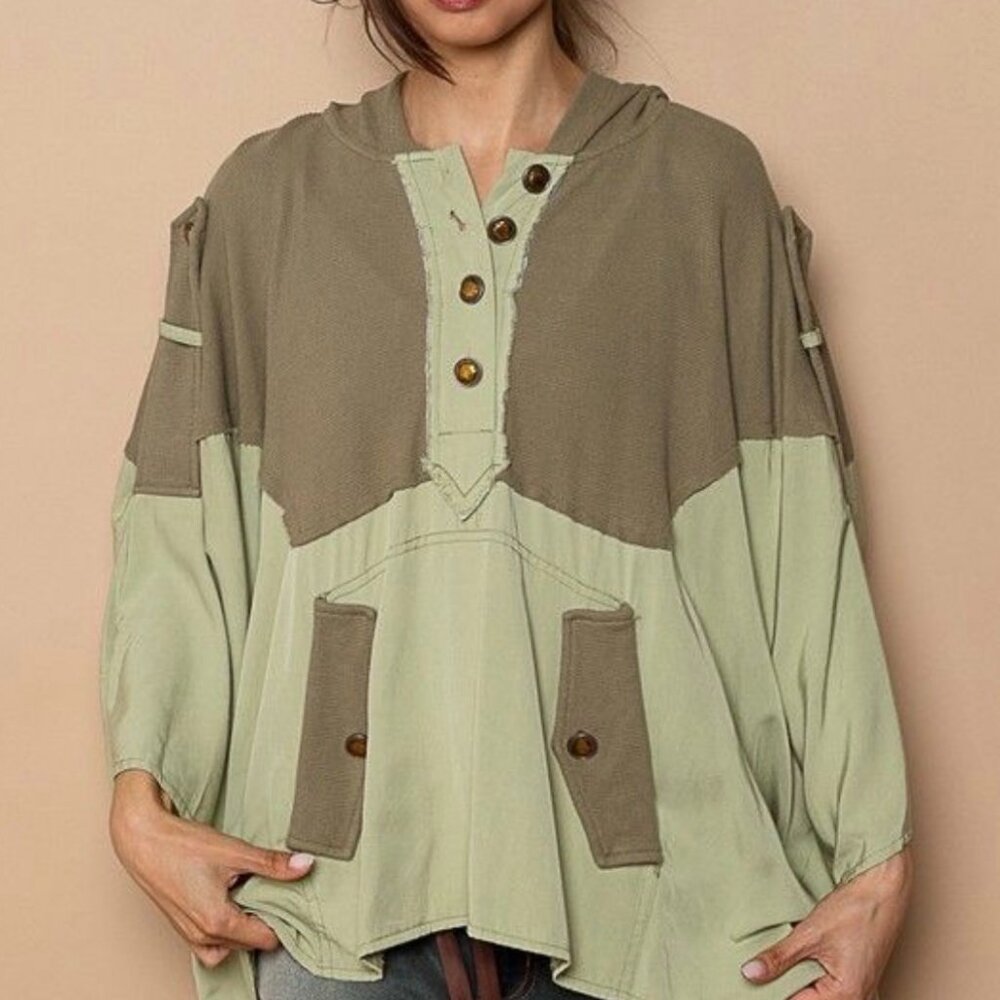 POL Oversized Fit Lightweight Cape Style Button Down Hooded Top in Sage Green